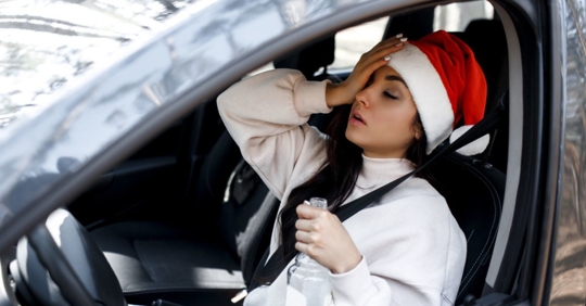 woman sitting in the driver's seat of a car wearing a santa hat, holding a beer bottle, and holding her head with a pained expression